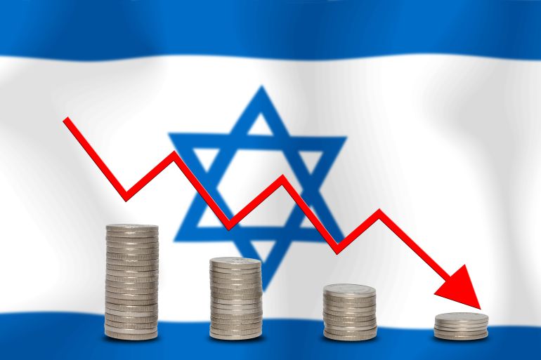 The economic going down of the Israel, with a head shot arrows down from the top medals.
