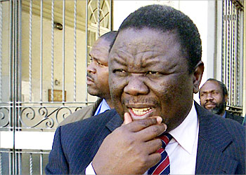 F_Morgan Tsvangirai, The Movement for Democratic Change leader 12 May 2003 comes out of the high court in Harare for his treason trial. The trial, which is set to go down in Zimbabwe's judicial history as the longest, was adjourned last month after two months of hearing. AFP PHOTO AARON UFUMELI