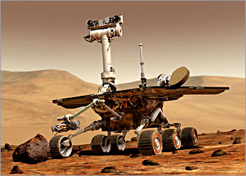 The Mars Exploration Rover, Spirit, developed by the NASAs Jet Propulsion Laboratory in Pasadena, California, is shown in this undated artists drawing released by NASA. The rover is shown as it would be taking a geology sample on Mars. The Mars-bound rover is set to land on the red planet on January 3, 2004. NO SALES REUTERS/NASA/HO