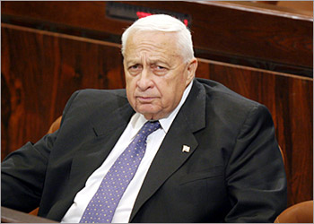 Israeli Prime Minister Ariel Sharon during the Knesset (parliament) session in Jerusalem 28 June 2004. Sharon, who lost his parliamentary majority earlier this month, survived three no confidence motions, including one tabled by the main opposition Labor party. The 120-member Knesset voted down Labor's motion condemning the government's handling of the economy and social issues by 54 votes to 52. AFP PHOTO/Eitan ABRAMOVICH