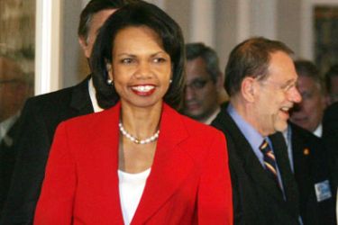 US Secretary of State Condolezza Rice arrives at a press conference after the foreign ministers meeting in the British Embassy in Vienna 01 June 2006