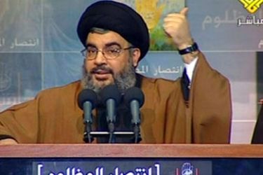 A video grab taken from the Hezbollah-run Manar TV shows Hezbollah leader Hassan Nasrallah gesturing as he delivers a speech in Beirut, late 28 January 2007.
