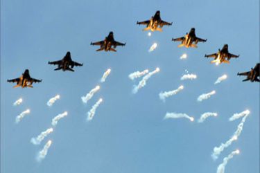 US-made F-16 fighter jets release flares during the Han Kuang 23 exercise in Suao, Ilan county, eastern Taiwan, 16 May 2007