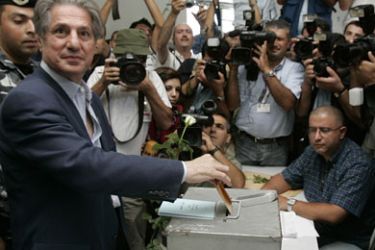 Christian candidate leader of the Phalange party and former President Amin Gemayel casts his ballot at a polling station in Bekfaya, east of Beirut,