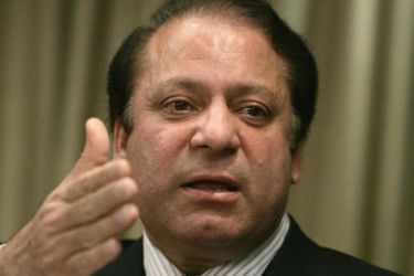 Former Prime Minister of Pakistan Nawaz Sharif speaks during a news conference in central London