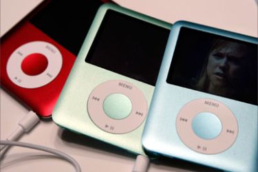 New iPod Nanos are seen on display at an Apple special event 05 September 2007 in San Francisco at which Apple CEO Steve Jobs announced a new generation of iPods.