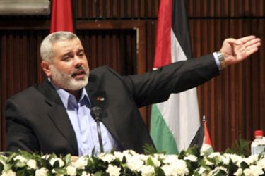 Ismail Haniyeh, the Hamas leader dismissed as prime minister by President Mahmud Abbas, gives a speech in Gaza