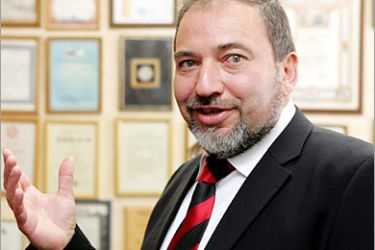 AFP(FILES) -- File picture dated 27 February 2007 shows Israeli Minister for Strategic Affairs Avigdor Liberman speaking during an interviev at Moscow's Ekho Moskvy (Moscow