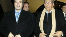 AFP PHOTO/Arab League Secretary General Amr Mussa walks with Syrian Deputy Foreign Minister Faisal Meqdad during Mussa's arrival in Damascus 18 January 2008.