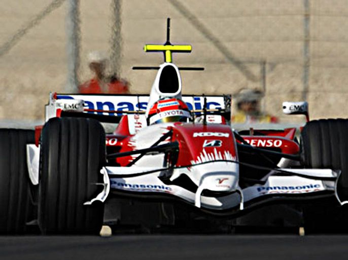 Toyota's Formula One driver Jarno Trulli of Italy drives during a training session at the Bahrain International Circuit in