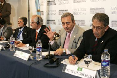 Saudi Arabia's Foreign Minister Prince Saud Al-Faisal (2nd R) speaks during a joint news conference alongside Bolivia's Vice-Foreign Minister Hugo Fernadez Araujo (L),