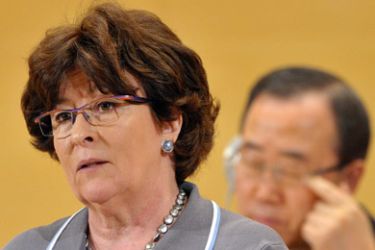 United Nations (UN) High Commissioner for Human Rights Louise Arbour delivers a speech in front of United Nations Secretary-General Ban Ki-moon on the opening day
