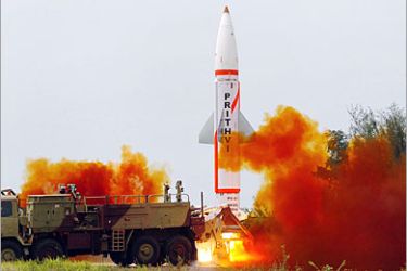 AFP / In this hand out photograph from the Indian Ministry of Defence taken on May 23, 2008 the Prithvi surface to surface missile is launched during a test at Chandipur in the Indian state of Orissa. India's military on May 23 conducted a successful test of a short-range nuclear-capable ballistic