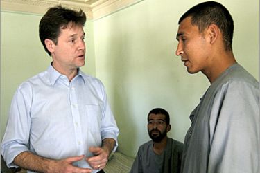 AFP/ Nick Clegg (L), leader of Britain's Liberal Democratic party interacts with Afghan drug addicts at an addiction treatment centre in Kabul on May 17, 2008. During his visit Clegg told reporters that he had come to insurgency-hit Afghanistan to assess how Britain could better help amid signs that things were going in the "wrong direction." AFP PHOTO/Massoud