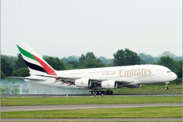 AFP / An Emirates Airline flight from Dubai touches down on August 1, 2008 becoming the first commercial Airbus A380 jet to land in the United States at John F. Kennedy