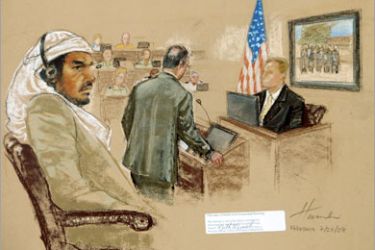 AFP(FILES): This July 24, 2008 photograph of a sketch by courtroom artist Janet Hamlin, reviewed by the US Military, shows defendant Salim Hamdan Hamdan watching as FBI