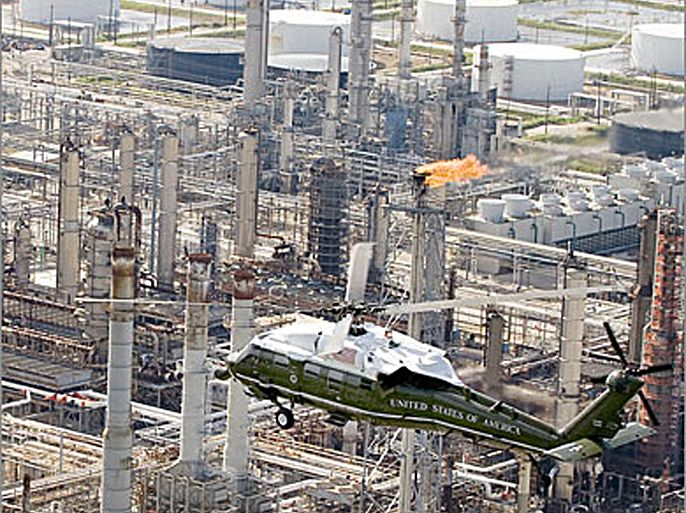 AFPUS President George W. Bush in Marine One flies over an oil refinery in Texas City, Texas, while touring Hurricane Ike damage with Texas Governor Rick