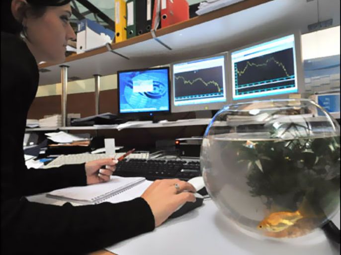 f/A goldfish swims in his jar as an employee of the Portzamparc's French stocks company watches the Cac 40 curves, on October 21, 2008 in Nantes. French stocks