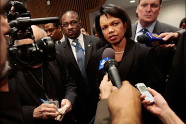 afp - NEW YORK - DECEMBER 15: US Secretary of State Condoleezza Rice takes questions after a press conference at the United Nations December 15, 2008