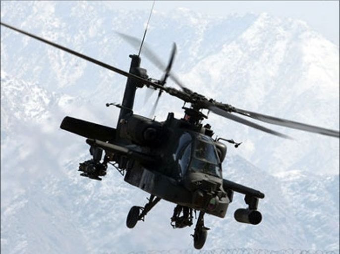afp : A US Apache helicopter overfiles FOB (Forward Operating Base) Morales-Frazier in Nijrab on February 17, 2009. The deterioration in security in Afghanistan has