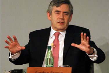 afp : British Prime Minister Gordon Brown gestures as he delivers a speech during the Progressive Governance Leaders' Summit opening in Vina del Mar, 120 km west from