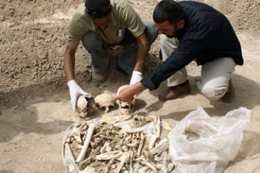 afp/ Iraqis inspect human remains at a newly discovered mass grave at an area 30 kms (19 miles) north of the southern city of Basra on March 19, 2009. A mass grave containing dozens of victims of a failed uprising against Saddam Hussein after the 1991 Gulf War was discovered during oil exploration work in Iraq, an official said.