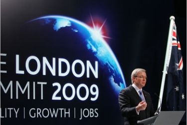 Australian Prime Minister Kevin Rudd speaks during a press conference following the G20 summit at the ExCel centre in east London