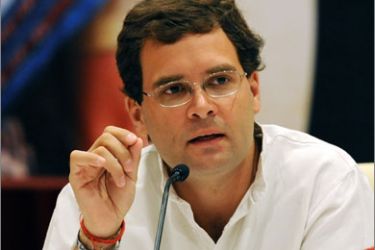 In this file photograph taken on May 5, 2009 General Secretary of India's Congress Party Rahul Gandhi gestures as he gives a press conference in New Delhi.