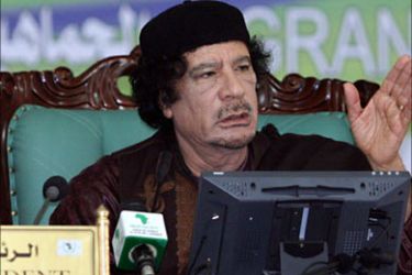 f_Libyan leader Moamer Kadhafi speaks during the opening session of the Community of Sahel-Saharan States (Cen-Sad) summit in Sabratha, 65 kms west of Tripoli, on