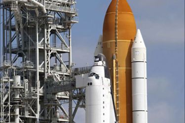 The space shuttle Endeavour sits on launch pad 39A at the Kennedy Space Center in Cape Canaveral, Florida June