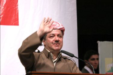 afp : The Kurdish region's president Massud Barzani speaks during a party political meeting in the northern city of Sulaimaniyah, 330 kms from Baghdad, on July 19, 2009.