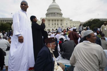 Muslims pray on the west front of the US Capitol on September 25, 2009 in Washington, DC. The event “Islam on Capitol Hill” was held to pray “for the soul of America