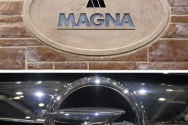 FILES - Combo shows the logos of the corporate headquarters of Canadian auto parts manufacturer Magna International (top,