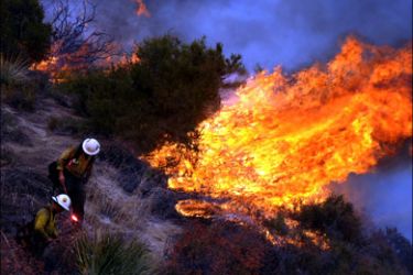 afp : Firefighters start a controlled burn during the Station Fire in the Angeles National Forest beside the suburb of Glendale on the outskirts of Los Angeles city on September