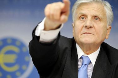 European Central Bank (ECB) President Jean-Claude Trichet gestures during a presss conference on September 3, 2009 in Frankfurt / Main, where he said the ECB raised its forecasts for inflation in the eurozone economy to 0.4 percent in 2009 and 1.2 percent in 2010,