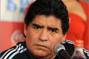 AFP (FILES) Argentina's head coach Diego Maradona gives a press conference after their FIFA World Cup South Africa-2010 qualifier football match against Uruguay at the Centenario stadium in Montevideo on October 14, 2009. FIFA is to open a disciplinary investigation into Diego Maradona after the Argentinian coach's sexually-explicit, foul-mouthed