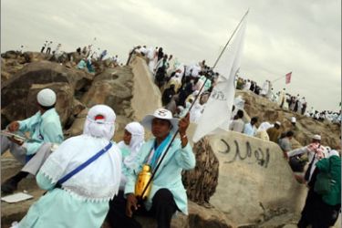 A group of foreign Muslim pilgrims tour with a Saudi muttawif, or hajj guide, the Mount of Mercy (Jabal al-Rahma) in the plain of Arafat, southeast of the holy city of Mecca, on November 21, 2009.