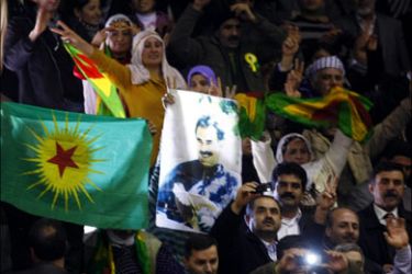 AFP : Supporters of the pro-Kurdish Peace and Democracy Party wave posters of the jailed leader of the outlawed Kurdistan Workers' Party (PKK), Abdullah Ocalan, during a