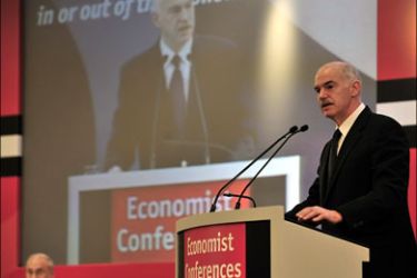 afp : Greek Prime Minister George Papandreou delivers a speach during an Economist conference in Athens on February 2, 2010. The European Union and the European