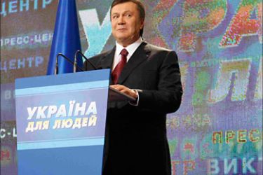 R_Ukrainian Presidential candidate Viktor Yanukovich talks during a briefing in Kiev, February 7, 2010. Yanukovich received 51.36 percent of the vote in Sunday's presidential election ahead of his rival, Yulia Tymoshenko