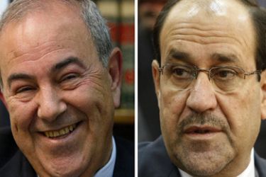 A picture combo shows former Iraqi premier Iyad Allawi (L) smiling during an interview with AFP in his office in Baghdad on February 20, 2005 and Iraqi Prime Minister Nuri al-Maliki attending a conference on the development of urban centres at a hotel in Baghdad on March 22, 2010.