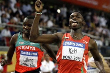 r : Abubaker Kaki of Sudan reacts after winning the men's 800 meters event at the IAAF World Indoor Athletics Championships at the Aspire Dome in Doha March 14, 2010.