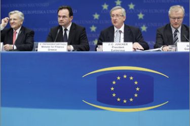 From L-R) European Central Bank (ECB) President Jean-Claude Trichet, Greek Finance Minister George Papaconstantinou, Luxembourg's Prime Minister and Eurogroup chairman Jean-Claude