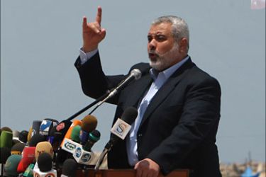 r_Senior Hamas leader Ismail Haniyeh delivers a speech during the opening of the Gaza Seaport in preparation for the arrival of the Freedom Flotilla May 29, 2010