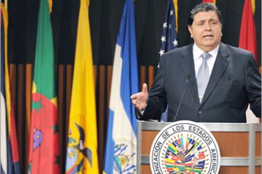 Peruvian President Alan Garcia delivers a speech during the inauguration of the 40th OAS General Assembly held at the National Museum in Lima, Peru on June 6, 2010. Ministers