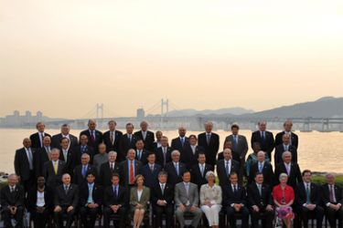 G20 Finance Ministers attend the G20 Finance and Central Bank Governors meeting photo session in Busan on June 4, 2010. first row left to right, Germany's Finance Minister