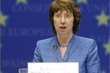 High Representative of the European Union for Foreign Affairs and Security Policy Baroness Catherine Ashton gives a press conference after the foreign affairs ministers meeting on July 26, 2010 at the EU