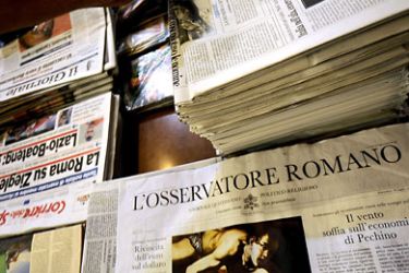 The front page of the Vatican newspaper L'Osservatore Romano is seen in a news agent in central Rome on July 18, 2010. The newspaper yesterday that a new Caravaggio painting may have been found in Rome. The Martyrdom of St. Lawrence (Martirio di San Lorenzo) belonging to the Catholic priestly order of the Jesuit has not yet been identified as a work of Caravaggio as further analyses are required before it can be attributed for certain to the Italian master. AFP PHOTO / Filippo MONTEFORTE