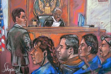 f_This drawing shows four of the ten alleged spy suspects in a New York courtroom on July 1, 2010. The case of the alleged "deep cover" agents -- accused of trying to infiltrate