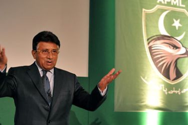 Exiled former Pakistani president Pervez Musharraf gestures to the audience as he arrives to addresses a press conference in London on October 1, 2010. Musharraf set out his plan to return to politics in his country with the launch of a new party to galvanise his support. AFP